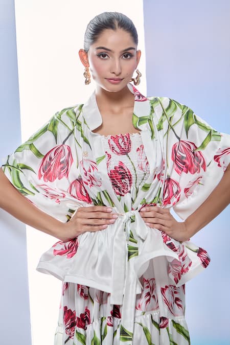Buy_Pria Kataria Puri_White Satin Printed Tulip Jacket Mandarin Collar And Dress Set 