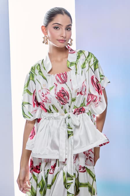 Shop_Pria Kataria Puri_White Satin Printed Tulip Jacket Mandarin Collar And Dress Set 