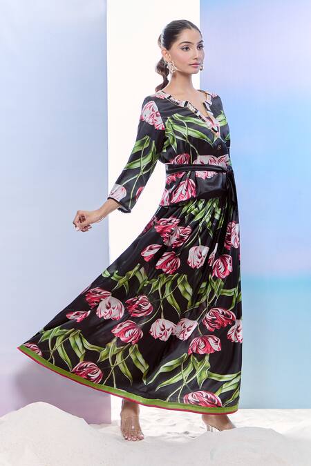 Pria Kataria Puri_Black Satin Printed Tulip Notched Top And Skirt Set _at_Aza_Fashions