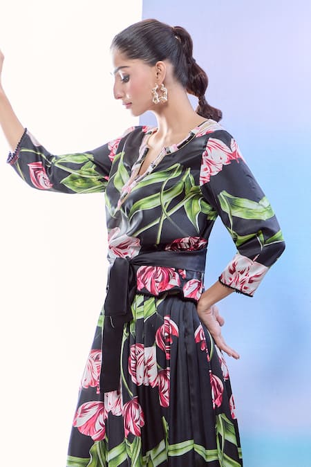 Shop_Pria Kataria Puri_Black Satin Printed Tulip Notched Top And Skirt Set 