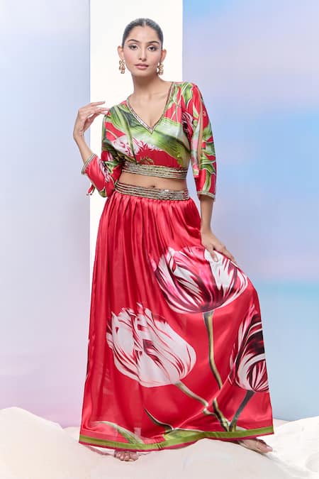 Pria Kataria Puri Tulip Print Satin Crop Top & Skirt Set 