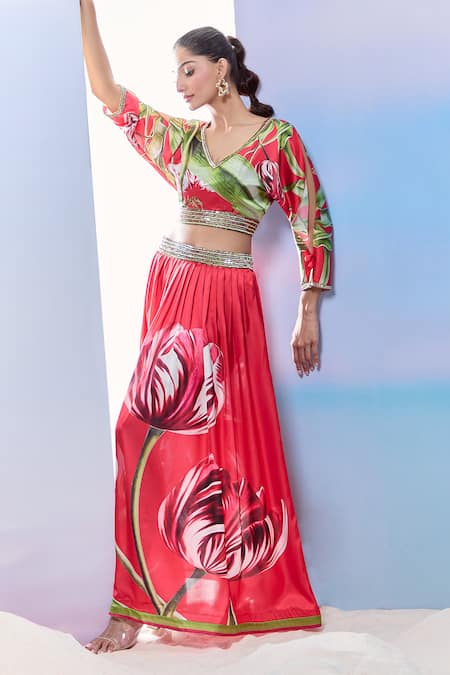 Pria Kataria Puri_Red Satin Printed Tulip V-neck Crop Top And Skirt Set _Online_at_Aza_Fashions
