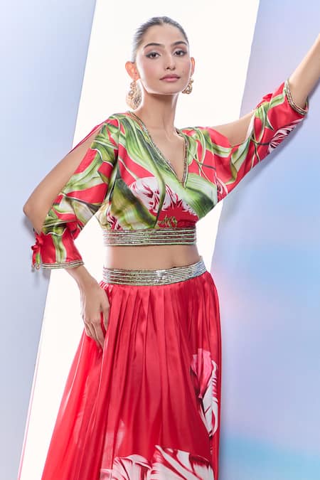 Buy_Pria Kataria Puri_Red Satin Printed Tulip V-neck Crop Top And Skirt Set _Online_at_Aza_Fashions