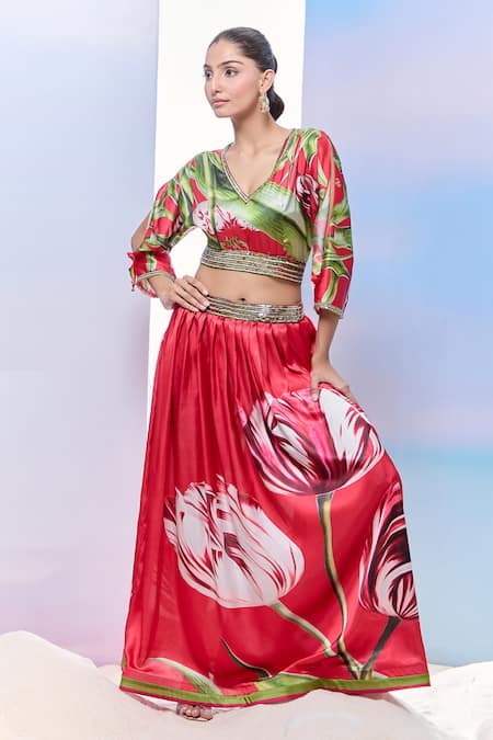 Pria Kataria Puri_Red Satin Printed Tulip V-neck Crop Top And Skirt Set _at_Aza_Fashions