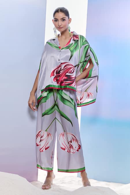 Pria Kataria Puri_Gray Satin Printed Tulip Lapel Collar Asymmetric Shirt And Pant Set _Online_at_Aza_Fashions