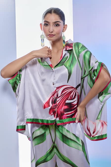 Buy_Pria Kataria Puri_Gray Satin Printed Tulip Lapel Collar Asymmetric Shirt And Pant Set _Online_at_Aza_Fashions