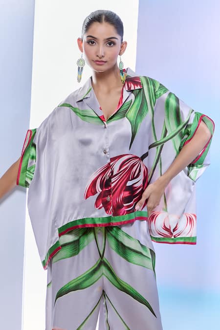 Shop_Pria Kataria Puri_Gray Satin Printed Tulip Lapel Collar Asymmetric Shirt And Pant Set _Online_at_Aza_Fashions