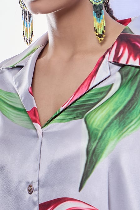 Shop_Pria Kataria Puri_Gray Satin Printed Tulip Lapel Collar Asymmetric Shirt And Pant Set 