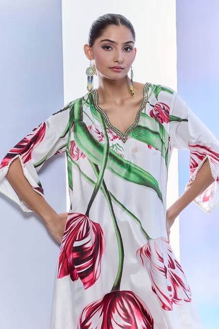 Pria Kataria Puri_White Satin Lace, Sequins V-neck Tulip Print High-low Kurta Set _at_Aza_Fashions