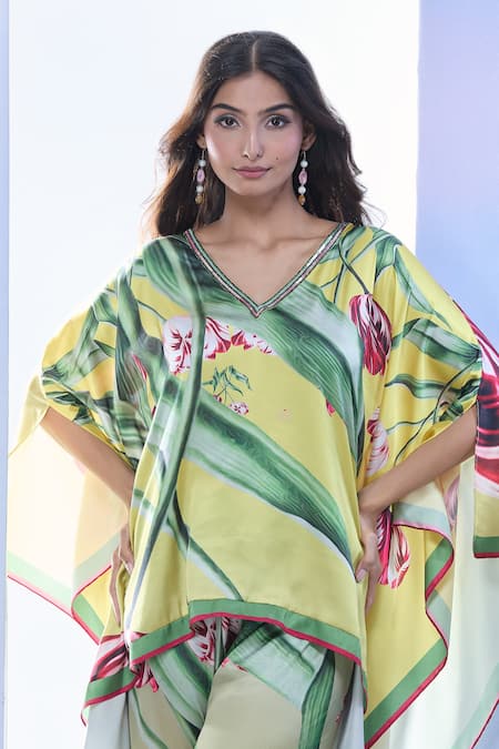 Pria Kataria Puri_Yellow Satin Printed Tulip V-neck Asymmetric Top And Pant Set _Online_at_Aza_Fashions