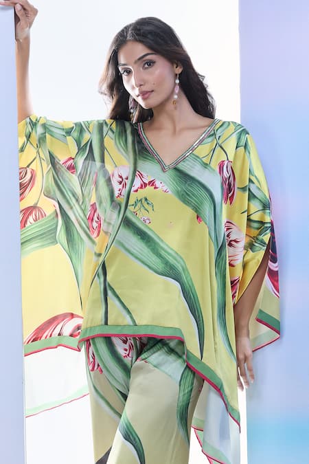 Buy_Pria Kataria Puri_Yellow Satin Printed Tulip V-neck Asymmetric Top And Pant Set _Online_at_Aza_Fashions