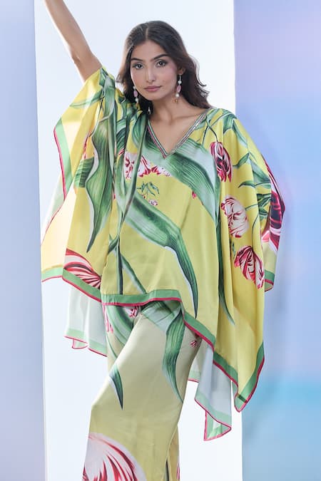 Shop_Pria Kataria Puri_Yellow Satin Printed Tulip V-neck Asymmetric Top And Pant Set _Online_at_Aza_Fashions