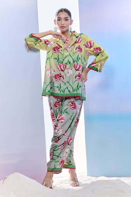 Shop_Pria Kataria Puri_Yellow Silk Bows Collared Tulip Print Tunic Set With Matching Pant _Online_at_Aza_Fashions