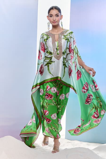 Pria Kataria Puri Green Tulip Print Cape Sleeve Tunic 