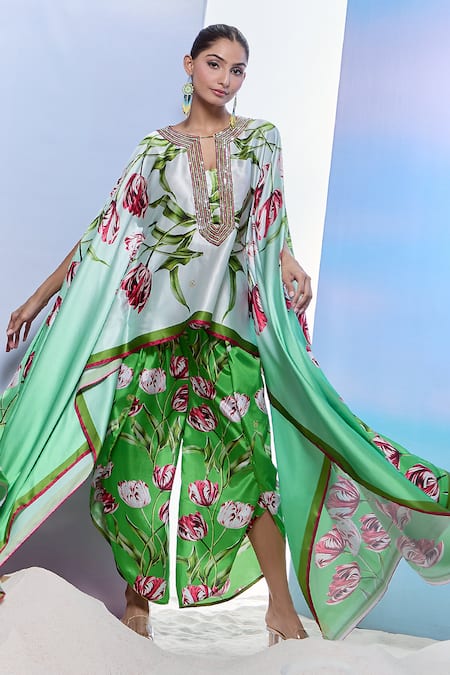 Pria Kataria Puri_Green Satin Printed Tulip Peek-ka-boo Cape Sleeve Tunic _Online_at_Aza_Fashions