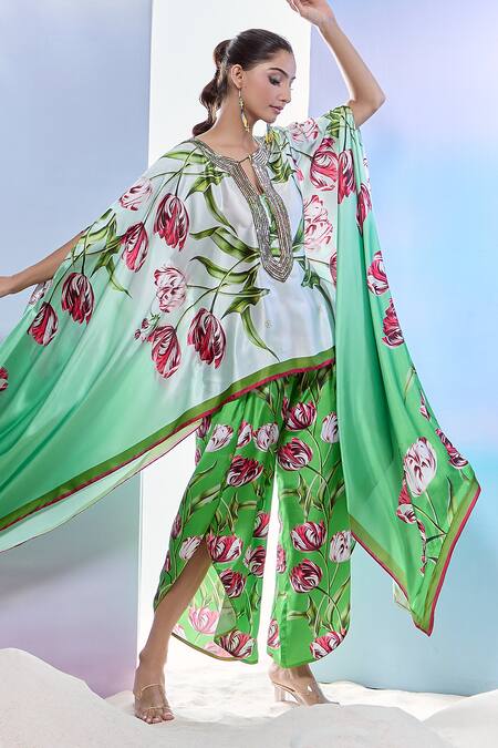 Buy_Pria Kataria Puri_Green Satin Printed Tulip Peek-ka-boo Cape Sleeve Tunic _Online_at_Aza_Fashions