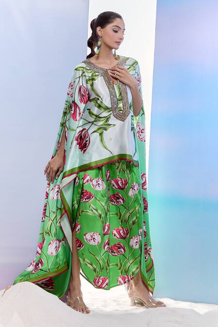 Shop_Pria Kataria Puri_Green Satin Printed Tulip Peek-ka-boo Cape Sleeve Tunic _Online_at_Aza_Fashions
