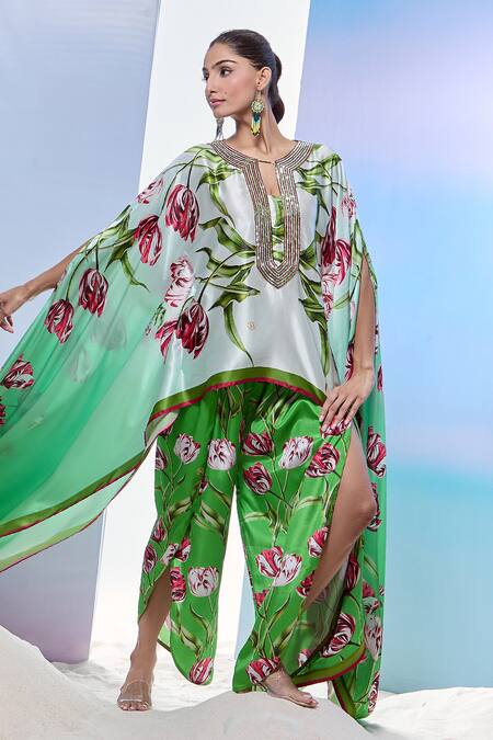 Pria Kataria Puri_Green Satin Printed Tulip Peek-ka-boo Cape Sleeve Tunic _at_Aza_Fashions