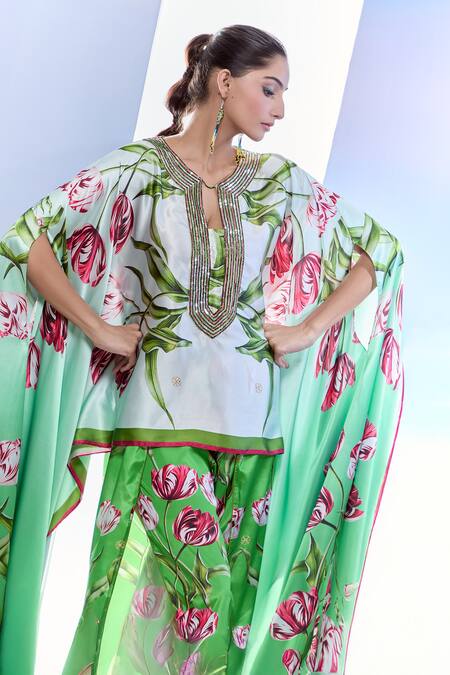 Shop_Pria Kataria Puri_Green Satin Printed Tulip Peek-ka-boo Cape Sleeve Tunic 