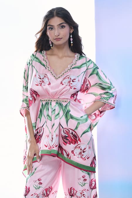 Shop_Pria Kataria Puri_Pink Satin Printed Tulip Wavy V-neck Embellished Tunic _Online_at_Aza_Fashions