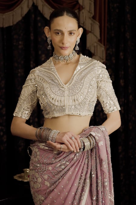 Saksham & Neharicka White Net Pearls V-neck Applique Embroidered Blouse Online at Aza Fashions Saksham & Neharicka_White Net Pearls V-neck Applique Embroidered Blouse _Online_at_Aza_Fashions