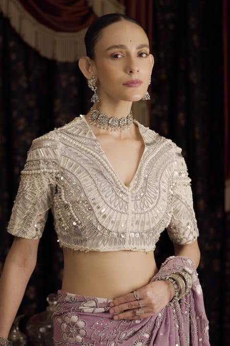 Buy Saksham & Neharicka White Net Pearls V-neck Applique Embroidered Blouse Online at Aza Fashions Buy_Saksham & Neharicka_White Net Pearls V-neck Applique Embroidered Blouse _Online_at_Aza_Fashions