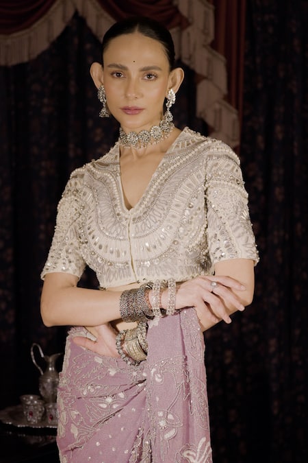 Shop Saksham & Neharicka White Net Pearls V-neck Applique Embroidered Blouse Online at Aza Fashions Shop_Saksham & Neharicka_White Net Pearls V-neck Applique Embroidered Blouse _Online_at_Aza_Fashions