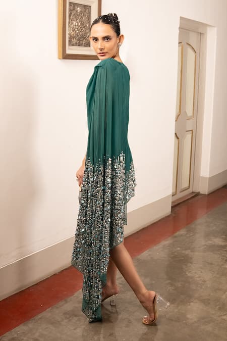 Buy Saksham & Neharicka Green Georgette Embroidery Aari Boat Neck Asymmetric Dress Online at Aza Fashions Buy_Saksham & Neharicka_Green Georgette Embroidery Aari Boat Neck Asymmetric Dress _Online_at_Aza_Fashions