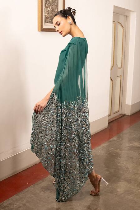 Shop Saksham & Neharicka Green Georgette Embroidery Aari Boat Neck Asymmetric Dress Online at Aza Fashions Shop_Saksham & Neharicka_Green Georgette Embroidery Aari Boat Neck Asymmetric Dress _Online_at_Aza_Fashions