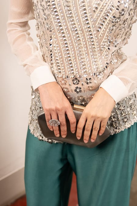 Saksham & Neharicka Ivory Chiffon Embroidery Aari V Neck Designer Top Online at Aza Fashions Saksham & Neharicka_Ivory Chiffon Embroidery Aari V Neck Designer Top _Online_at_Aza_Fashions