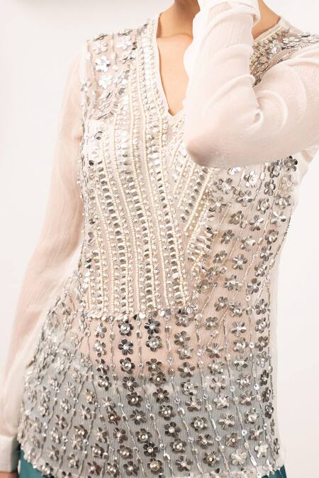 Buy Saksham & Neharicka Ivory Chiffon Embroidery Aari V Neck Designer Top Online at Aza Fashions Buy_Saksham & Neharicka_Ivory Chiffon Embroidery Aari V Neck Designer Top _Online_at_Aza_Fashions