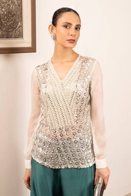 Shop Saksham & Neharicka Ivory Chiffon Embroidery Aari V Neck Designer Top Online at Aza Fashions Shop_Saksham & Neharicka_Ivory Chiffon Embroidery Aari V Neck Designer Top _Online_at_Aza_Fashions