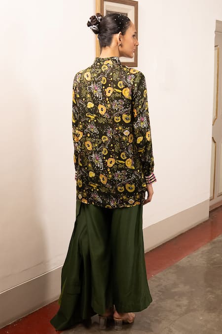 Shop Saksham & Neharicka Green Satin Embroidery Collared Floral Print Tunic at Aza Fashions Shop_Saksham & Neharicka_Green Satin Embroidery Collared Floral Print Tunic _at_Aza_Fashions