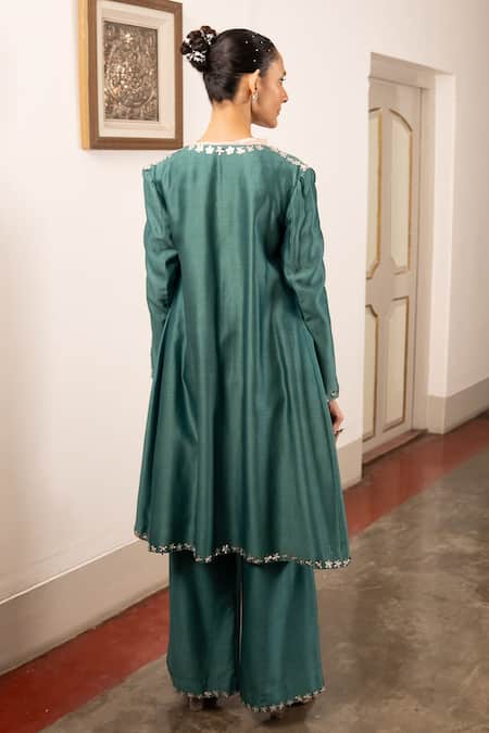 Shop Saksham & Neharicka Green Chiffon Embroidery Aari Top V Neck Sea Pant Set at Aza Fashions Shop_Saksham & Neharicka_Green Chiffon Embroidery Aari Top V Neck Sea Pant Set _at_Aza_Fashions