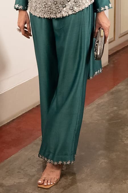 Shop Saksham & Neharicka Green Chiffon Embroidery Aari Top V Neck Sea Pant Set Online at Aza Fashions Shop_Saksham & Neharicka_Green Chiffon Embroidery Aari Top V Neck Sea Pant Set _Online_at_Aza_Fashions
