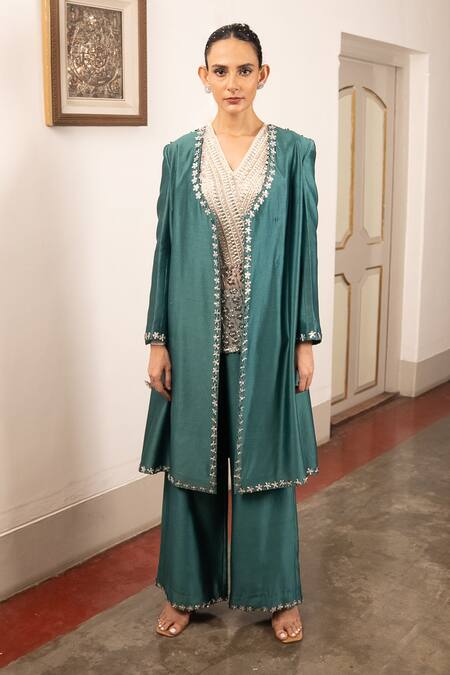 Saksham & Neharicka Green Chiffon Embroidery Aari Top V Neck Sea Pant Set at Aza Fashions Saksham & Neharicka_Green Chiffon Embroidery Aari Top V Neck Sea Pant Set _at_Aza_Fashions