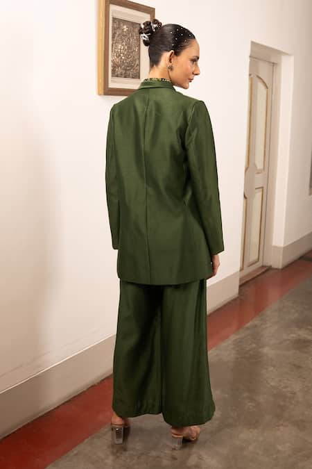 Shop Saksham & Neharicka Green Satin, Cotton Open Neck, Collared Floral Print Jacket Set at Aza Fashions Shop_Saksham & Neharicka_Green Satin, Cotton Open Neck, Collared Floral Print Jacket Set _at_Aza_Fashions