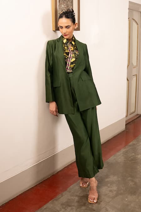 Saksham & Neharicka Green Satin, Cotton Open Neck, Collared Floral Print Jacket Set Online at Aza Fashions Saksham & Neharicka_Green Satin, Cotton Open Neck, Collared Floral Print Jacket Set _Online_at_Aza_Fashions