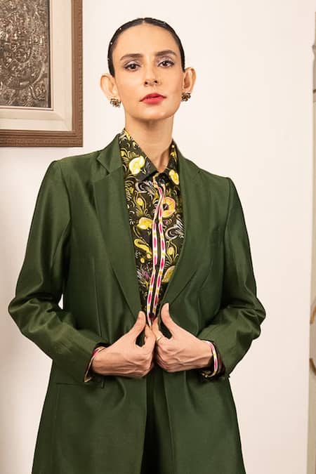 Buy Saksham & Neharicka Green Satin, Cotton Open Neck, Collared Floral Print Jacket Set Online at Aza Fashions Buy_Saksham & Neharicka_Green Satin, Cotton Open Neck, Collared Floral Print Jacket Set _Online_at_Aza_Fashions
