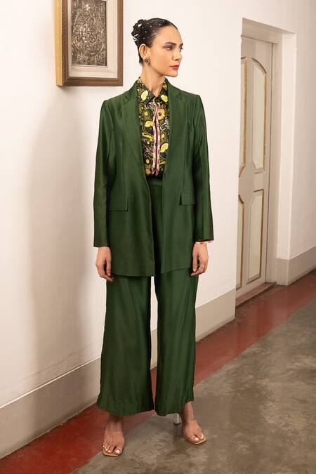 Buy Saksham & Neharicka Green Satin, Cotton Open Neck, Collared Floral Print Jacket Set Buy_Saksham & Neharicka_Green Satin, Cotton Open Neck, Collared Floral Print Jacket Set