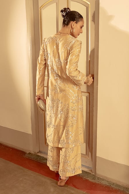 Shop Saksham & Neharicka Beige Cotton Silk Hand Embroidery Floral Jaal V Neck Aari Kurta And Palazzo Set at Aza Fashions Shop_Saksham & Neharicka_Beige Cotton Silk Hand Embroidery Floral Jaal V Neck Aari Kurta And Palazzo Set _at_Aza_Fashions