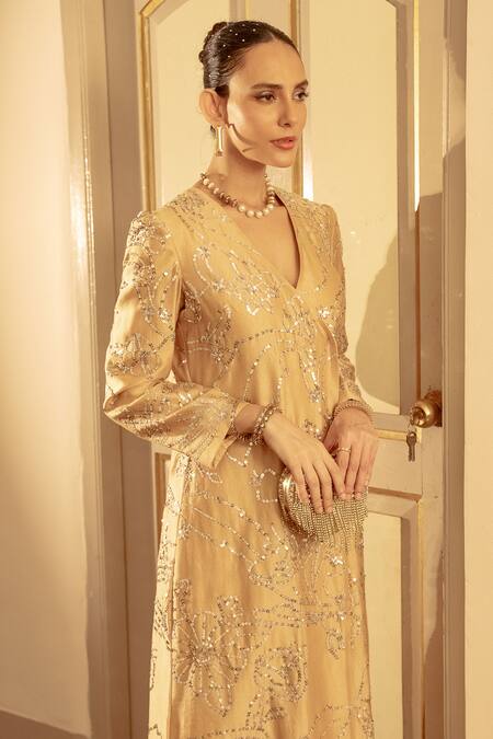 Buy Saksham & Neharicka Beige Cotton Silk Hand Embroidery Floral Jaal V Neck Aari Kurta And Palazzo Set Online at Aza Fashions Buy_Saksham & Neharicka_Beige Cotton Silk Hand Embroidery Floral Jaal V Neck Aari Kurta And Palazzo Set _Online_at_Aza_Fashions