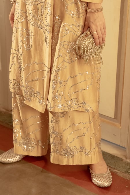 Shop Saksham & Neharicka Beige Cotton Silk Hand Embroidery Floral Jaal V Neck Aari Kurta And Palazzo Set Online at Aza Fashions Shop_Saksham & Neharicka_Beige Cotton Silk Hand Embroidery Floral Jaal V Neck Aari Kurta And Palazzo Set _Online_at_Aza_Fashions