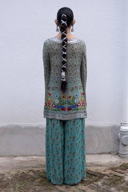 Shop Saksham & Neharicka Green Georgette Beads Boat Neck Floral Embroidered Kurta Set at Aza Fashions Shop_Saksham & Neharicka_Green Georgette Beads Boat Neck Floral Embroidered Kurta Set _at_Aza_Fashions