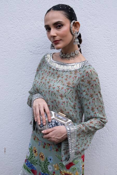 Buy Saksham & Neharicka Green Georgette Beads Boat Neck Floral Embroidered Kurta Set Online at Aza Fashions Buy_Saksham & Neharicka_Green Georgette Beads Boat Neck Floral Embroidered Kurta Set _Online_at_Aza_Fashions