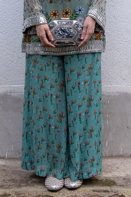 Shop Saksham & Neharicka Green Georgette Beads Boat Neck Floral Embroidered Kurta Set Online at Aza Fashions Shop_Saksham & Neharicka_Green Georgette Beads Boat Neck Floral Embroidered Kurta Set _Online_at_Aza_Fashions