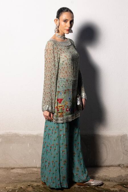 Buy Saksham & Neharicka Green Georgette Beads Boat Neck Floral Embroidered Kurta Set Buy_Saksham & Neharicka_Green Georgette Beads Boat Neck Floral Embroidered Kurta Set