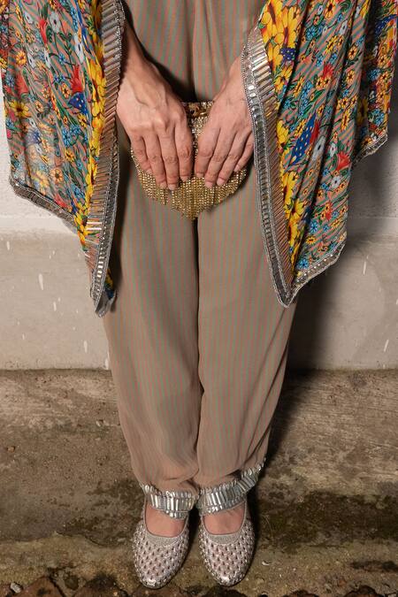 Saksham & Neharicka_Beige Georgette Beads Round Neck Floral Print Kaftan Top And Stripe Pant Set _Online_at_Aza_Fashions