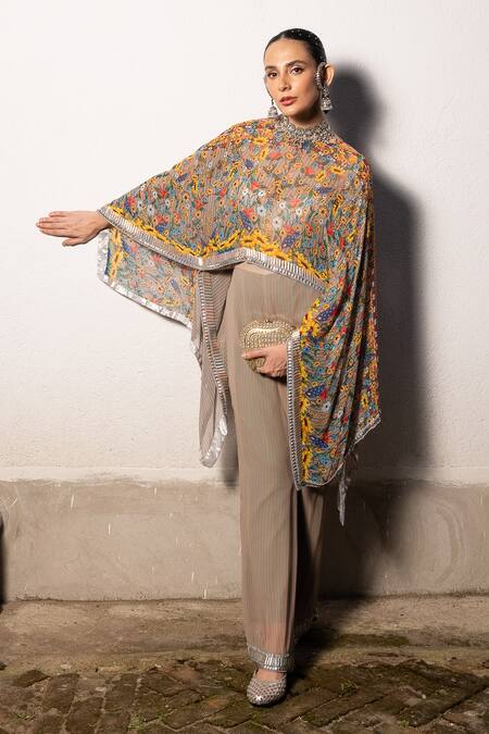 Buy_Saksham & Neharicka_Beige Georgette Beads Round Neck Floral Print Kaftan Top And Stripe Pant Set _Online_at_Aza_Fashions