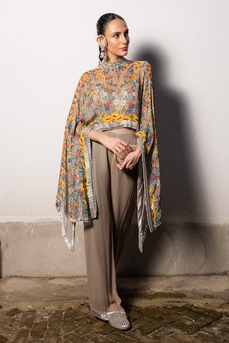 Shop_Saksham & Neharicka_Beige Georgette Beads Round Neck Floral Print Kaftan Top And Stripe Pant Set _Online_at_Aza_Fashions